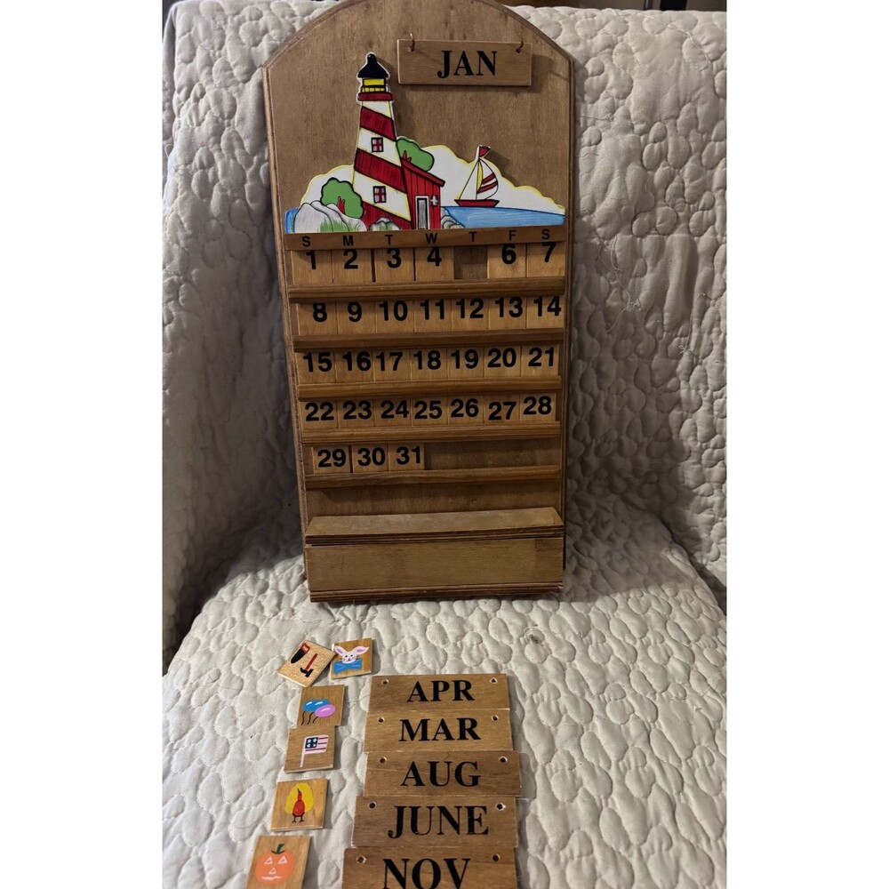 Vintage Wooden Perpetual Calendar Lighthouse Sailboat Complete Months Holiday